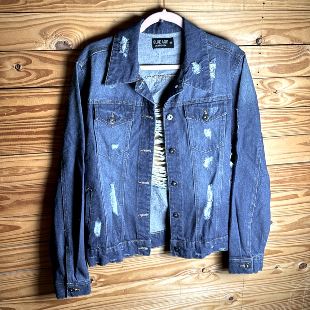 Blue age medium distressed jacket 100% cotton dark blue button down